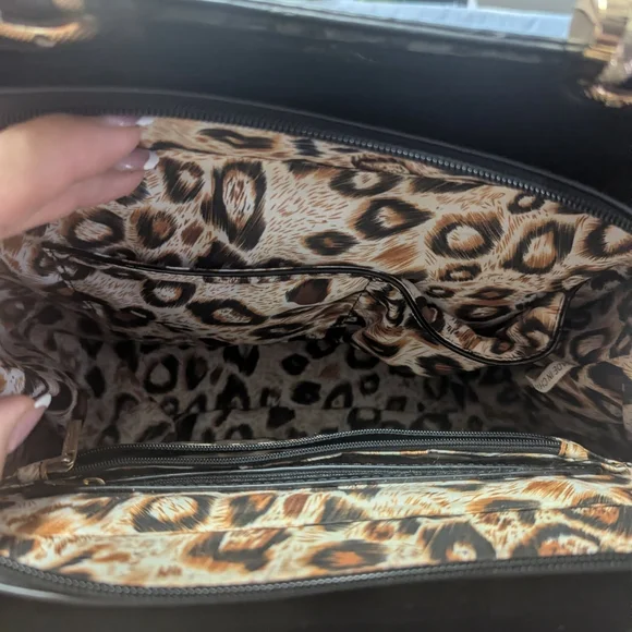 Leopard Print Dome Satchel Handbag - Black & Brown - Picture 4 of 5